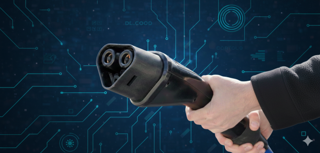 Illustrasjon av MCS-ladekontakt vs CCS-kontakt for elektrisk lastebil ved ladestasjon